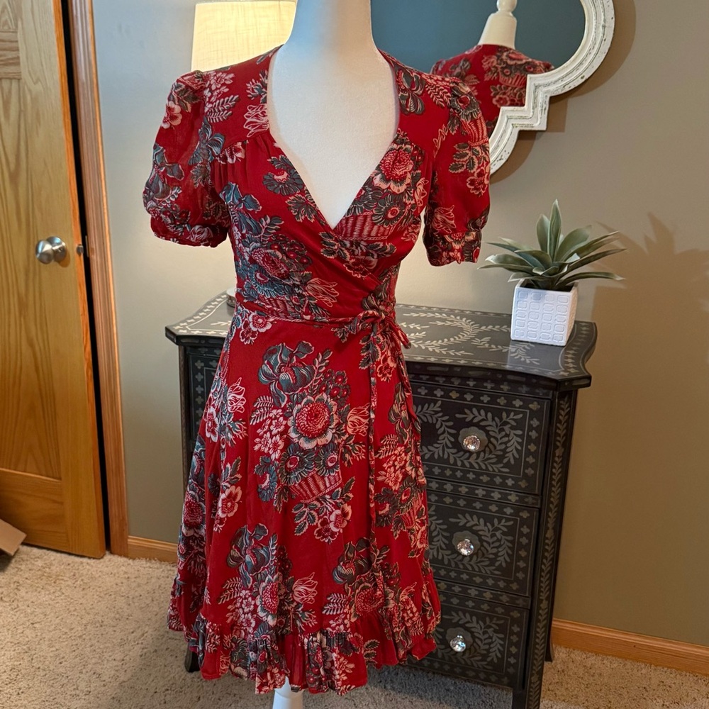 Denim & Supply Ralph Lauren Red Wrap Sundress Puff Sleeve V-Neck